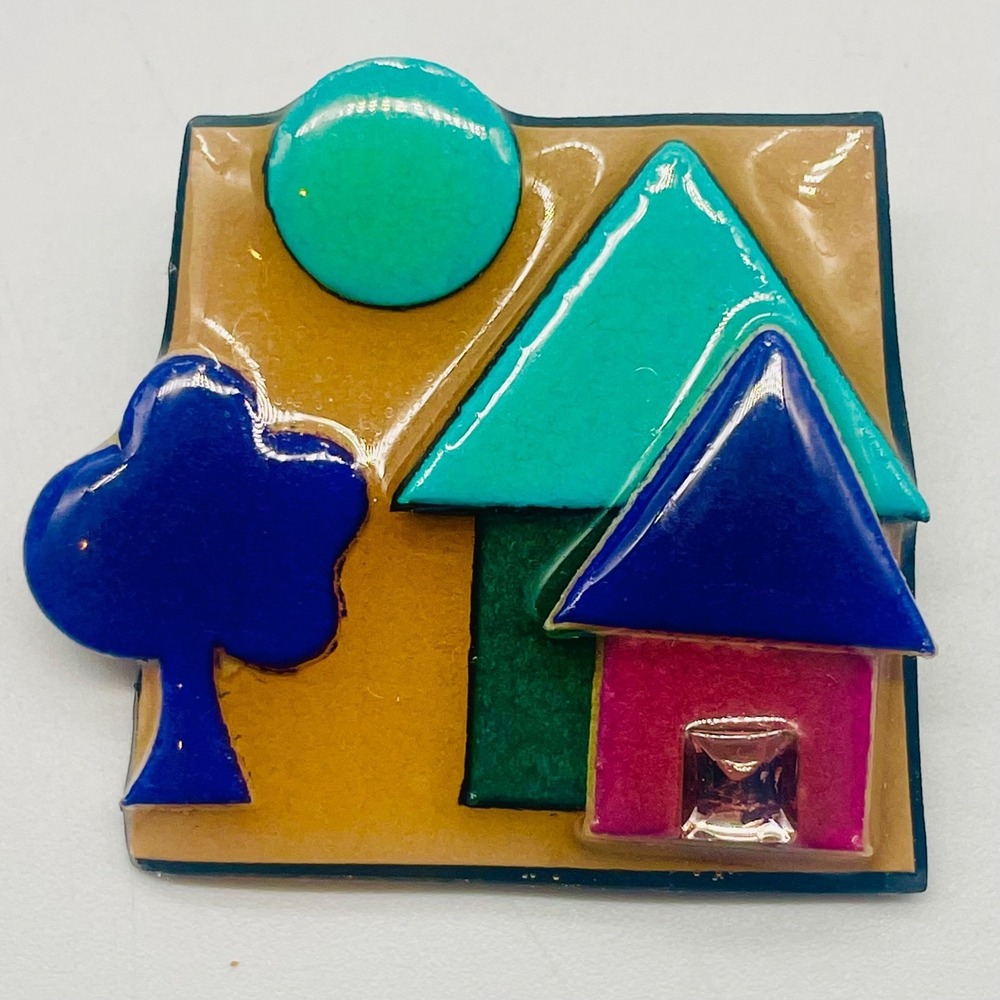 House Pins by Lucinda Village Scene Brooch Resin Geometric Art Jewelry 2"